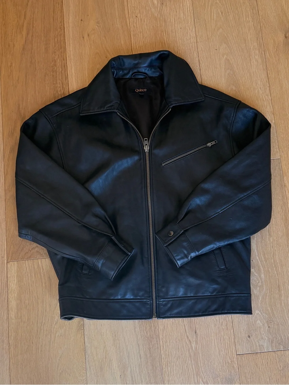 Quince Oversized Leather Bomber Jacket - True Black, Size Medium - Picture 2 of 5